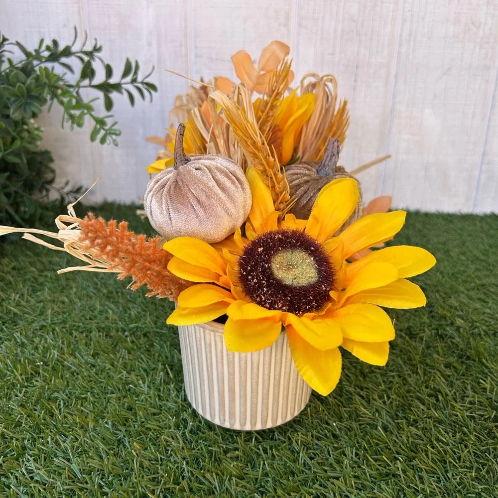 Sunflower and Pumpkin Centerpiece with ivory ceramic vase new